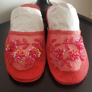 Red Floral Mesh Women's Slippers With Sequin - Size 8